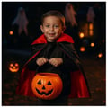 Miniatyrbild 2 av 2: Barnsvart och röd capepåklädnad, dubbad, i storlek 3 till 6 år, Halloween-kostym