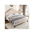 Miniatyrbillede 3 af 6: Polstret seng - MUVOE - 140x190 cm - Beige velour - Justerbar hovedgærde - Lamelseng