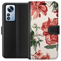 Pikkukuva 1 / 3: Yhteensopiva Lompakkokotelo Xiaomi 12 Pro Punaiset kukat, kasviaihe vihreine lehtineen, elegantti tyyli sinulle, joka pidät luonnon väreistä