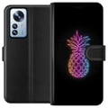 Miniatyrbillede 1 af 3: Kompatibel Tegnebogsetui til Xiaomi 12 Pro Neonillustration af ananas i farverigt lys mod sort baggrund i legende design