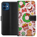 Pikkukuva 1 / 3: Yhteensopiva Lompakkokotelo Apple iPhone 12 mini Värikäs joulukuvio, jossa on tonttuja, makeisia, seppeleitä, paketteja ja hauskoja yksityiskohtia, t