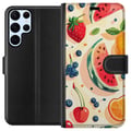 Miniatyrbillede 1 af 3: Kompatibel Tegnebogsetui til Samsung Galaxy S22 Ultra 5G Frugtmønster med vandmelon, citrusfrugter og bær i en legende illustration