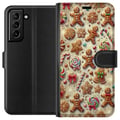 Miniatyrbild 1 av 3: Kompatibelt Plånboksfodral till Samsung Galaxy S21+ 5G Julmotiv illustration – Polkagrisar pepparkakor och färgglada julgodisar
