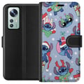 Miniatyrbillede 1 af 3: Kompatibel Tegnebogsetui til Xiaomi 12 Disney Stitch-julemønster – sødt Stitch-julemotiv med nissehuer, rensdyrgevir og blå baggrund