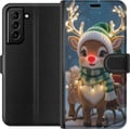 Miniatyrbilde 1 av 3: Kompatibelt Lommeboketui til Samsung Galaxy S21+ 5G Julete reinsdyr med lysende horn, rød nese og strikket grønn lue står foran en slede i et snødekt