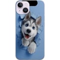 Miniatyrbild 1 av 3: Kompatibelt Mobilskal till Apple iPhone 14 Söt huskyvalp med stora blå ögon tittar fram genom sönderbruten vägg i mjuk 3D-stil vilket skapar glatt li