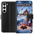 Pikkukuva 1 / 3: Yhteensopiva Lompakkokotelo Samsung Galaxy S23 Minecraft-talviaihe, jossa Steve, susi, nuotio ja luminen mökki, Minecraft-faneille tarkoitettu peliku