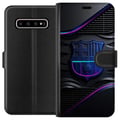 Miniatyrbild 1 av 3: Kompatibelt Plånboksfodral till Samsung Galaxy S10+ FC Barcelona-emblem i neonblått och rosa med futuristisk metallkänsla