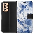Miniatyrbillede 1 af 3: Kompatibel Tegnebogsetui til Samsung Galaxy A53 5G Blåt mønster med fugle og blomster retro
