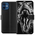 Pikkukuva 1 / 3: Yhteensopiva Lompakkokotelo Apple iPhone 12 mini T-Rex karjaisu dinosaurus eeppinen mustavalkoinen esihistoriallinen peto hurja karjaisu hirviö taide