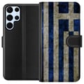 Pikkukuva 1 / 3: Yhteensopiva Lompakkokotelo Samsung Galaxy S22 Ultra 5G Kreikan lippuaiheinen taide sinivalkoisella vintagekuviolla Kreikasta ja klassisesta muotoilu