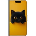 Miniatyrbillede 3 af 3: Kompatibel Tegnebogsetui til OnePlus 9 Pro Sort kat, der kigger op over kanten – ren og trendy illustration med et legende udtryk og store øjne