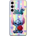 Pikkukuva 1 / 3: Yhteensopiva Puhelinkuori Samsung Galaxy S23+ Stitch ruusujen kanssa romanttisessa piirroskuvatyylissä raidallista taustaa vasten