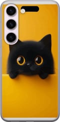 Miniatyrbilde 1 av 3: Kompatibelt Mobildeksel til Samsung Galaxy S23 Svart katt som kikker opp over kanten – ren og trendy illustrasjon med et lekent uttrykk og store øyne