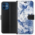 Pikkukuva 1 / 3: Yhteensopiva Lompakkokotelo Apple iPhone 12 mini Sininen retrokuvio, jossa on lintuja ja kukkia