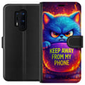 Pikkukuva 1 / 3: Yhteensopiva Lompakkokotelo OnePlus 8 Pro Vihainen, pörröinen sininen kissa, jossa lukee Keep Away From My Phone, neonväreissä ja liekkimäisin tehost