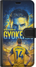 Miniatyrbillede 3 af 3: Kompatibel Tegnebogsetui til Apple iPhone X Fodboldplakat af Viktor Gyökeres i gul-blå farveskala med dramatisk stadionbaggrund, sportsillustration t