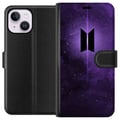 Pikkukuva 1 / 3: Yhteensopiva Lompakkokotelo Apple iPhone 14 Plus BTS kpop-logo violetti galaksi juliste avaruusdesign korealainen yhtye ARMY-symboli tähtitaivas musi