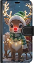 Miniatyrbilde 3 av 3: Kompatibelt Lommeboketui til Samsung Galaxy S21+ 5G Julete reinsdyr med lysende horn, rød nese og strikket grønn lue står foran en slede i et snødekt