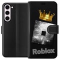 Pikkukuva 1 / 3: Yhteensopiva Lompakkokotelo Samsung Galaxy S23+ Minimalistinen Roblox-symboli mustana ja hopeisena, kultaisella kruunulla ja ylellisellä pelaajaestet