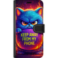 Pikkukuva 3 / 3: Yhteensopiva Lompakkokotelo OnePlus 8 Pro Vihainen, pörröinen sininen kissa, jossa lukee Keep Away From My Phone, neonväreissä ja liekkimäisin tehost