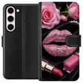 Pikkukuva 1 / 3: Yhteensopiva Lompakkokotelo Samsung Galaxy S23 vaaleanpunainen glitter huulet meikki timantit ruusut kynsilakka muoti glamour kauneus juliste vaalean