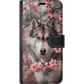 Pikkukuva 3 / 3: Yhteensopiva Lompakkokotelo Samsung Galaxy S23+ Sinisilmäinen husky vaaleanpunaisten kirsikankukkien keskellä – kaunis, luonnon inspiroima ja yksityi