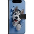 Miniatyrbillede 3 af 3: Kompatibel Tegnebogsetui til Samsung Galaxy A40 Sød huskyhvalp med store blå øjne kigger frem gennem en ødelagt væg i en blød 3D-stil, hvilket skaber