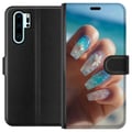 Miniatyrbillede 1 af 3: Kompatibel Tegnebogsetui til Huawei P30 Pro Negledesignillustration – Blå glitter med blomst, havinspireret motiv