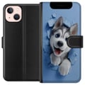 Pikkukuva 1 / 3: Yhteensopiva Lompakkokotelo Apple iPhone 13 mini Suloinen huskynpentu kurkistaa rikkinäisen seinän läpi suuret siniset silmät loistaen pehmeässä 3D-t