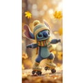 Miniatyrbillede 4 af 4: Kompatibel Tegnebogsetui til Apple iPhone 13 Pro Efterårsinspireret Stitch på rulleskøjter med hue tørklæde og blade varm sød illustration til Disney