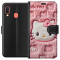 Pikkukuva 1 / 2: Yhteensopiva Lompakkokotelo Samsung Galaxy A20e Hello Kitty -inspiroitu vaaleanpunainen pörrökuosi, jossa on ikoniset kissankasvot kawaii-tyyliin