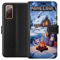 Miniatyrbillede 1 af 3: Kompatibel Tegnebogsetui til Samsung Galaxy S20 FE Minecraft-vintermotiv med Steve, ulv, lejrbål og snedækket hytte, spilillustration til Minecraft-f