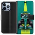 Pikkukuva 1 / 4: Yhteensopiva Lompakkokotelo Apple iPhone 13 Pro Vihreä formula-auto modernilla kilpa-ajomuotoilulla ja pelkistetyllä studiotunnelmalla