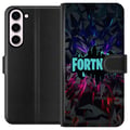 Pikkukuva 1 / 3: Yhteensopiva Lompakkokotelo Samsung Galaxy S23+ Fortnite-juliste – Sininen neonlogo mustalla taustalla, pelidesign