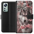 Miniatyrbillede 1 af 3: Kompatibel Tegnebogsetui til Xiaomi 12 Husky med blå øjne blandt lyserøde kirsebærblomster – smukt, naturinspireret og detaljerigt motiv.