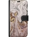 Pikkukuva 3 / 3: Yhteensopiva Lompakkokotelo Samsung Galaxy S23+ Beige marmori, jossa on kultainen glitterrakenne, elegantti design ylellisellä tunnelmalla, täydellin