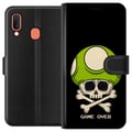 Pikkukuva 1 / 2: Yhteensopiva Lompakkokotelo Samsung Galaxy A20e Peli-inspiroitu kuvitus, jossa on pääkallo ja vihreä sieni retrotyyliin sekä teksti game over
