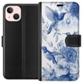 Pikkukuva 1 / 3: Yhteensopiva Lompakkokotelo Apple iPhone 13 mini Sininen retrokuvio, jossa on lintuja ja kukkia