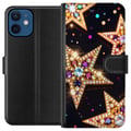Pikkukuva 1 / 3: Yhteensopiva Lompakkokotelo Apple iPhone 12 mini Kultaiset kimalletähdet kristalleineen ja juhlavine valotehosteineen tummalla taustalla, tyylikäs ai