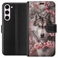 Pikkukuva 1 / 3: Yhteensopiva Lompakkokotelo Samsung Galaxy S23+ Sinisilmäinen husky vaaleanpunaisten kirsikankukkien keskellä – kaunis, luonnon inspiroima ja yksityi