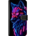 Miniatyrbillede 3 af 3: Kompatibel Tegnebogsetui til Apple iPhone 12 Neonbelyst ulv i blåt og pink lys med futuristisk cyberpunkstemning
