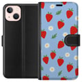 Pikkukuva 1 / 3: Yhteensopiva Lompakkokotelo Apple iPhone 13 mini mansikat mansikat kuvio kesä kukat päivänkakkara ruotsalainen juhannus retro painatus marjasuunnitte