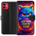 Miniatyrbillede 1 af 3: Kompatibel Tegnebogsetui til Apple iPhone 11 Vred, lodden blå kat med teksten Keep Away From My Phone i neonfarver og flammelignende effekter, humori