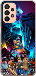 Miniatyrbillede 1 af 3: Kompatibel Mobilcover til Samsung Galaxy A23 Roblox futuristisk neonverden med spilcontrollere, figurer og lyseffekter – perfekt til alle gamingfans.