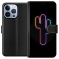 Miniatyrbillede 1 af 4: Kompatibel Tegnebogsetui til Apple iPhone 13 Pro Neonillustration af en kaktus i pinkt og blåt lys mod mørk baggrund i moderne popæstetik