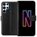 Pikkukuva 1 / 3: Yhteensopiva Lompakkokotelo Samsung Galaxy S22 Ultra 5G Minimalistinen neonkirjain N värinvaihtuvassa valossa mustaa taustaa vasten