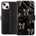 Miniatyrbillede 1 af 3: Kompatibel Tegnebogsetui til Apple iPhone 13 mini Leopardrosetter på sort silke, luksuriøst mønster med eksklusiv modefølelse, perfekt til dig, der k