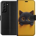 Pikkukuva 1 / 3: Yhteensopiva Lompakkokotelo Samsung Galaxy S21+ 5G Söpö musta kissa, jolla on suuret silmät, keltaisella taustalla – minimalistinen eläinkuvitus lämp