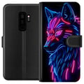 Miniatyrbillede 1 af 3: Kompatibel Tegnebogsetui til Samsung Galaxy S9+ Neonbelyst ulv i blåt og pink lys med futuristisk cyberpunkstemning